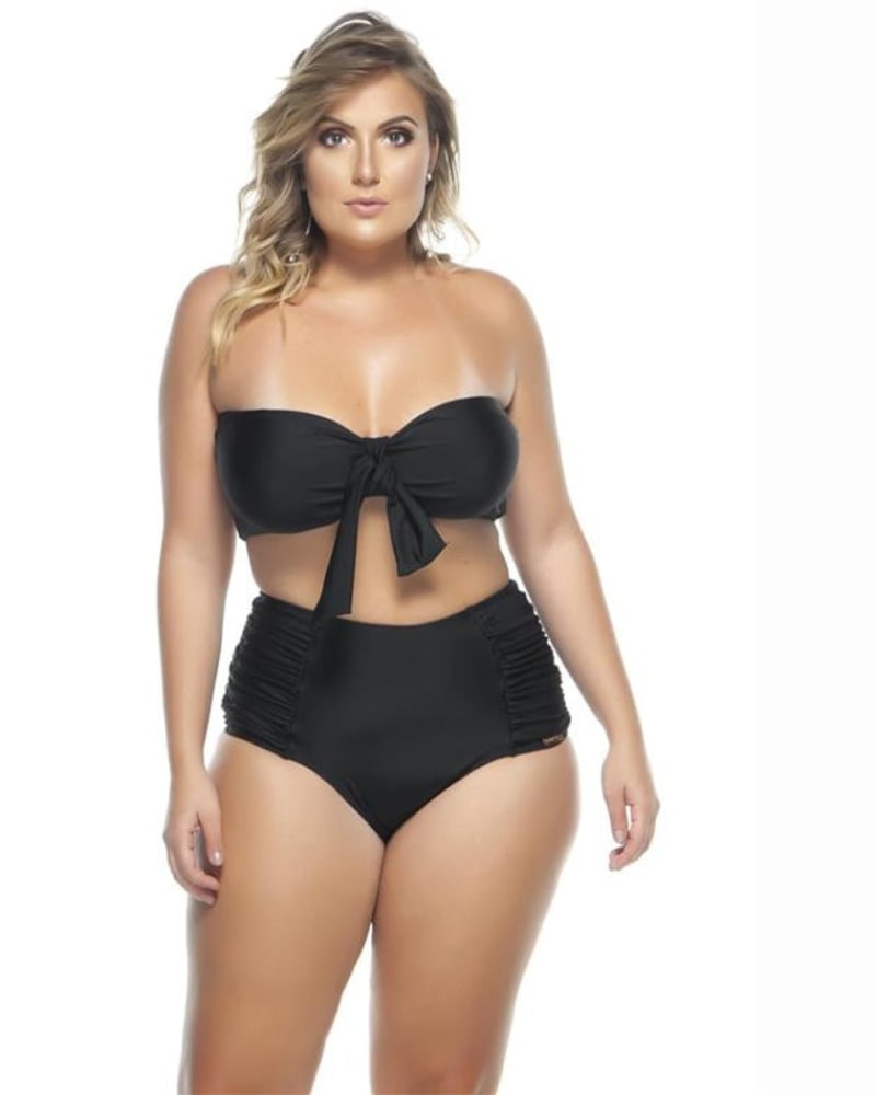 Front of a model wearing a size 20 Padded Bandeau Bikini Top With Tie Detailing in Black by Lehona. | dia_product_style_image_id:274435